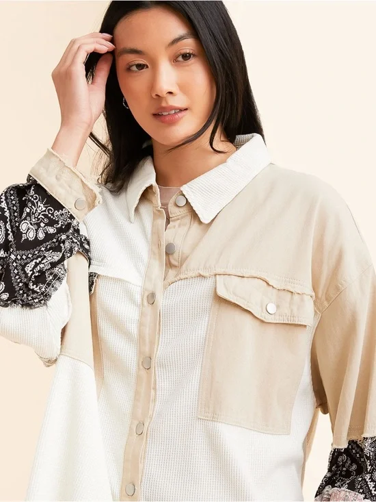 POL Patchwork Down Shirt Jacket - Beige, Cream, Black - Picture 5 of 6